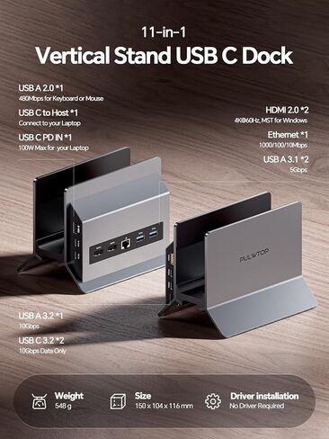 USB C Docking Station Dual Monitor 4K 60Hz, 11-in-1 Vertical Laptop Dock with Stand, 100W PD Charging, 10Gbps USB-C & USB-A, Gigabit Ethernet for Windows/Dell/Lenovo/HP Laptops in Saudi Arabia