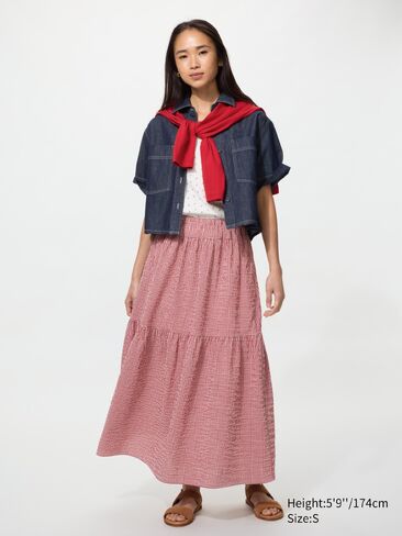 Uniqlo Tiered Maxi Skirt | Gingham in Saudi Arabia