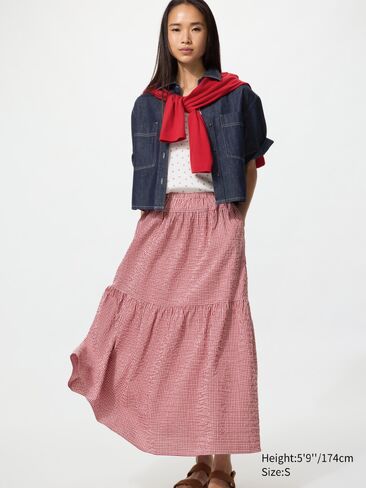 Uniqlo Tiered Maxi Skirt | Gingham in Saudi Arabia