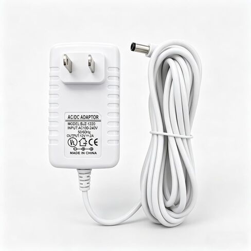 White 12V 2A Power Supply, AC/DC Adapter 100-240V 50/60Hz, 5.5mm x 2.5mm / 2.1mm Barrel Plug Center Positive, Charger Cable Cord 10 ft in Saudi Arabia