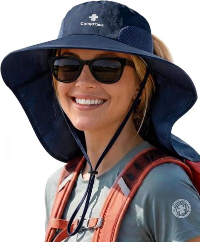 Camptrace Sun Hats for Women Men with Neck Flap UV Protection Wide Shade | Perfect for fishing and hiking, ponytail hole, Waterproof nylon, packable design, cooling mesh vents, adjustable chin strap in Saudi Arabia
