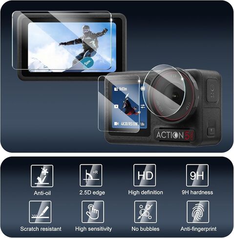 3+3+3-Pack واقي شاشة وواقي عدسة لكاميرا DJI osmo Action 5 Pro [خلفية + عدسة + أمامية]، طبقة من الزجاج المقسى، حماية من الصدمات، HD، مضاد للكسر، مضاد للخدش، صلابة 9H، خالية من الفقاعات in Kuwait