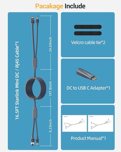 كابل Starlink Mini Ethernet 2 في 1، سلك طاقة Starlink Mini وكابلات RJ45، محول بديل DC إلى USB C لإمدادات الطاقة، كابل صغير مقاوم للماء مع نقل البيانات - 16.5 قدم/5 متر in Kuwait