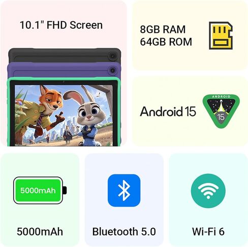 ApoloMedia Kids Tablet, 10.1 Inch HD Android 15, 64GB Storage, 8GB RAM, Eye Protection Mode, 10-Hr Battery, Parental Shockproof Case - Tablet for Kids (Purple) in Saudi Arabia