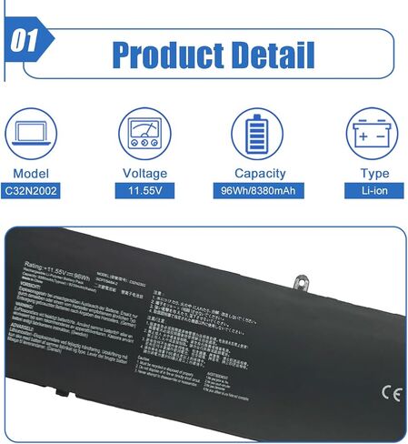 96Wh C32N2002 Laptop Battery Replacement for Asus ZenBook Pro 15 UX535 UX535LI OLED UM535 Flip 15 OLED Q538EI UX564 UX564EH UX564EI UX564P Series 0B200-03770000 0B200-03660200 11.55V 8380mAh in Saudi Arabia