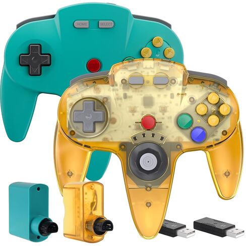 2 Pack Wireless N64 Controller Made for Switch 1 & 2, N64 Console, Wireless 2.4 GHz Receivers Compatible with Switch Online, Windows PC, macOS (Built-in Vibration) (Rechargeable) Cyan/Clear Yellow in Saudi Arabia