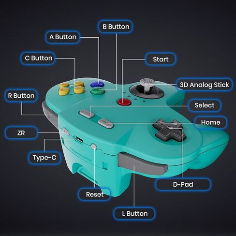 2 Pack Wireless N64 Controller Made for Switch 1 & 2, N64 Console, Wireless 2.4 GHz Receivers Compatible with Switch Online, Windows PC, macOS (Built-in Vibration) (Rechargeable) Cyan/Clear Yellow in Saudi Arabia