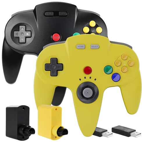 SAFFUN 2 Pack Wireless N64 Controller Made for Switch 1 & 2، وحدة تحكم N64، أجهزة استقبال لاسلكية 2.4 جيجا هرتز متوافقة مع Switch Online، Windows PC، macOS (اهتزاز مدمج) (قابلة لإعادة الشحن) ليموني/أسود in Saudi Arabia
