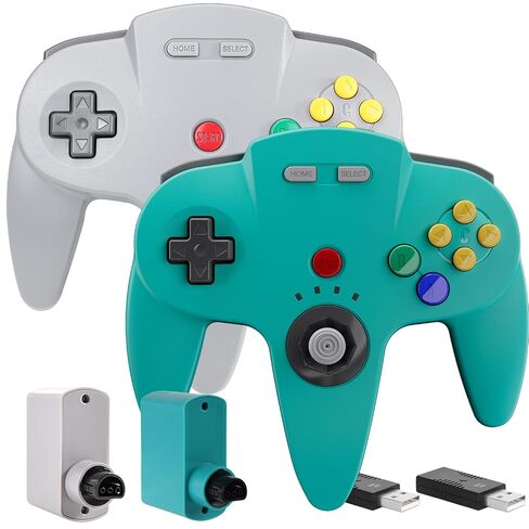 SAFFUN 2 Pack Wireless N64 Controller Made for Switch 1 & 2، وحدة تحكم N64، أجهزة استقبال لاسلكية 2.4 جيجا هرتز متوافقة مع Switch Online، Windows PC، macOS (اهتزاز مدمج) (قابلة لإعادة الشحن) رمادي / سماوي in Saudi Arabia