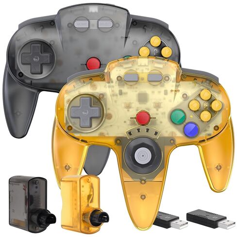 2 Pack Wireless N64 Controller Made for Switch 1 & 2, N64 Console, Wireless 2.4 GHz Receivers Compatible with Switch Online, Windows PC, macOS (Built-in Vibration) (Rechargeable) Gunmetal Grey/Yellow in Saudi Arabia