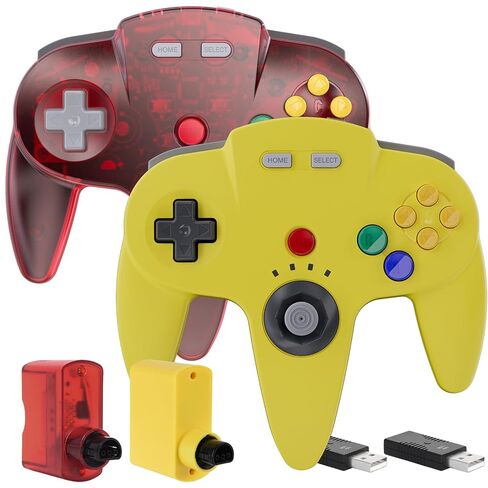 قطعتان من وحدة التحكم N64 اللاسلكية مصممة للمحول 1 و2، وحدة تحكم N64، أجهزة استقبال لاسلكية 2.4 جيجا هرتز متوافقة مع Switch Online، Windows PC، macOS (اهتزاز مدمج) (قابلة لإعادة الشحن) ليموني/أحمر شفاف in Saudi Arabia