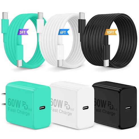 شاحن QZIIW فائق السرعة من النوع C، 60 وات ملون مختلط USB C شاحن سريع 3 حزم وكابل USB C طويل جدًا 60 وات 3/6/10FT - PD شحن سريع 3.0 لهاتف iPhone 17 16 15 Samsung Galaxy S26 Ultra S25 S24+ in Saudi Arabia