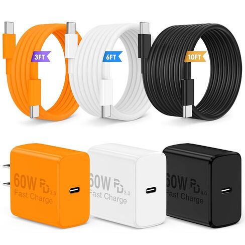 QZIIW Super Fast Charger Type C, 60W Colorful Mixed USB C Fast Charger Block 3 Pack & Extra Long 60W 3/6/10FT USB C Cable - PD Quick Charging 3.0 for iPhone 17 16 15 Samsung Galaxy S26 Ultra S25 S24+ in Saudi Arabia