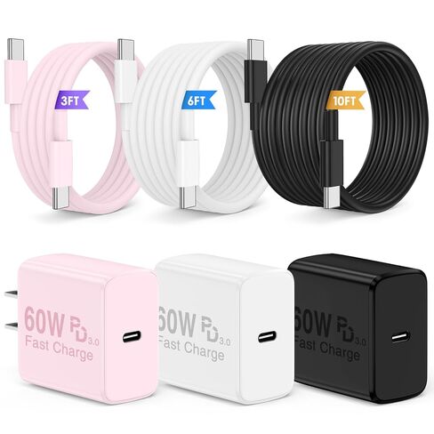 QZIIW Super Fast Charger Type C, 60W Colorful Mixed USB C Fast Charger Block 3 Pack & Extra Long 60W 3/6/10FT USB C Cable - PD Quick Charging 3.0 for iPhone 17 16 15 Samsung Galaxy S26 Ultra S25 S24+ in Saudi Arabia