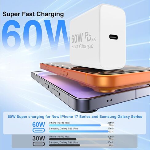 QZIIW Super Fast Charger Type C, 60W Colorful Mixed USB C Fast Charger Block 3 Pack & Extra Long 60W 3/6/10FT USB C Cable - PD Quick Charging 3.0 for iPhone 17 16 15 Samsung Galaxy S26 Ultra S25 S24+ in Saudi Arabia