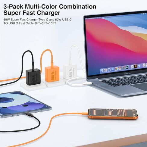 QZIIW Super Fast Charger Type C, 60W Colorful Mixed USB C Fast Charger Block 3 Pack & Extra Long 60W 3/6/10FT USB C Cable - PD Quick Charging 3.0 for iPhone 17 16 15 Samsung Galaxy S26 Ultra S25 S24+ in Saudi Arabia