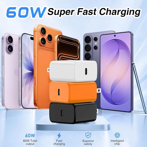 QZIIW Super Fast Charger Type C, 60W Colorful Mixed USB C Fast Charger Block 3 Pack & Extra Long 60W 3/6/10FT USB C Cable - PD Quick Charging 3.0 for iPhone 17 16 15 Samsung Galaxy S26 Ultra S25 S24+ in Saudi Arabia