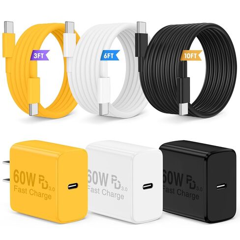 QZIIW Super Fast Charger Type C, 60W Colorful Mixed USB C Fast Charger Block 3 Pack & Extra Long 60W 3/6/10FT USB C Cable - PD Quick Charging 3.0 for iPhone 17 16 15 Samsung Galaxy S26 Ultra S25 S24+ in Saudi Arabia