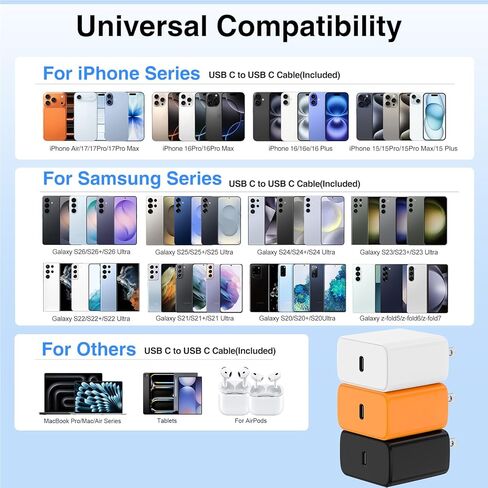 QZIIW Super Fast Charger Type C, 60W Colorful Mixed USB C Fast Charger Block 3 Pack & Extra Long 60W 3/6/10FT USB C Cable - PD Quick Charging 3.0 for iPhone 17 16 15 Samsung Galaxy S26 Ultra S25 S24+ in Saudi Arabia