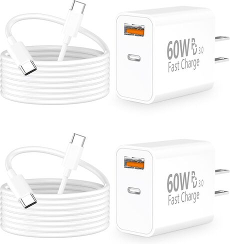 شاحن iPhone 17 شحن سريع، 60 وات GaN USB-C وUSB-A كتلة شاحن حائط مع 2 كابل USB C إلى USB C بطول 6 أقدام، متوافق مع iPhone 17/Air/16/15/Pro Max/iPad/Samsung in Kuwait