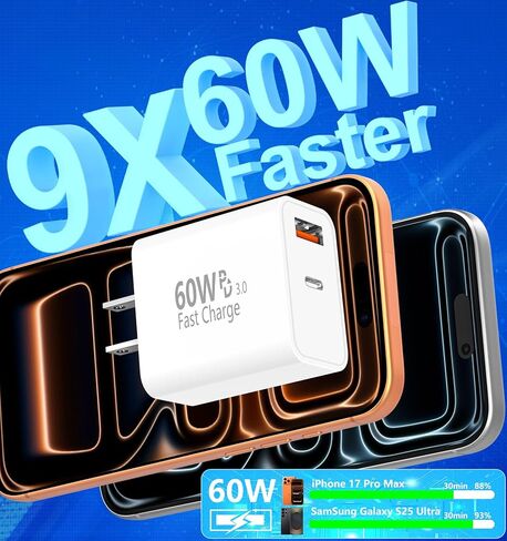 شاحن iPhone 17 شحن سريع، 60 وات GaN USB-C وUSB-A كتلة شاحن حائط مع 2 كابل USB C إلى USB C بطول 6 أقدام، متوافق مع iPhone 17/Air/16/15/Pro Max/iPad/Samsung in Kuwait