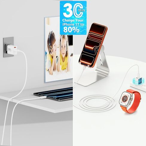 شاحن iPhone 17 شحن سريع، 60 وات GaN USB-C وUSB-A كتلة شاحن حائط مع 2 كابل USB C إلى USB C بطول 6 أقدام، متوافق مع iPhone 17/Air/16/15/Pro Max/iPad/Samsung in Kuwait