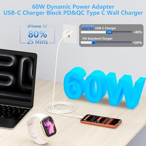 شاحن iPhone 17 شحن سريع، 60 وات GaN USB-C وUSB-A كتلة شاحن حائط مع 2 كابل USB C إلى USB C بطول 6 أقدام، متوافق مع iPhone 17/Air/16/15/Pro Max/iPad/Samsung in Kuwait
