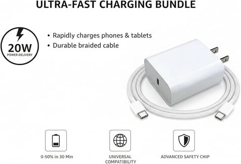 20W Mobile Fast Charging Phone Charger Fast Charging Cable 6FT Compatible with Apple iPhone 17 air/ 16/15 pro max/Plus, Long USB C to USB-C Charger 6 feet for iPhone air/17/16/15. in Saudi Arabia