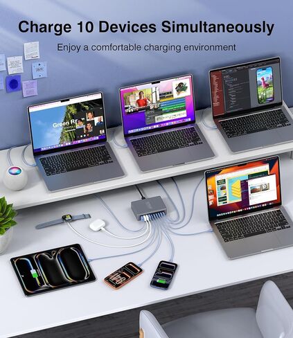 2026 كتلة شاحن USB C محدثة بقدرة 575 واط، 10 منافذ GaN فائقة السرعة USB C محطة شحن Hub Block Cube، محول شاحن سريع للكمبيوتر المحمول لأجهزة iPhone/MacBook Pro/Air، DELL، iPad، Samsung Galaxy in Kuwait