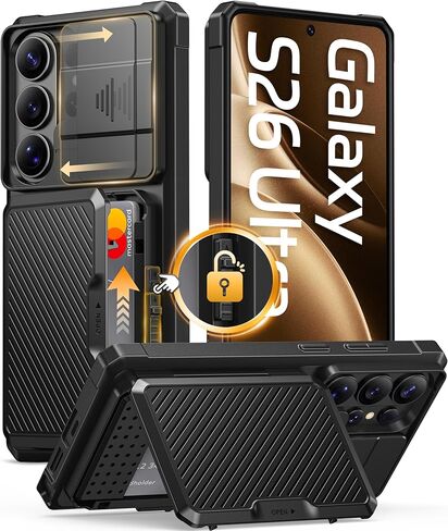 حافظة GolbinBox لهاتف Samsung Galaxy S26 Ultra مع حامل بطاقات وغطاء كاميرا منزلق، قفل أمان مدمج وحماية RFID، [يحمل 4-5 بطاقات أو نقود]، محفظة Galaxy S26 Ultra مقاس 6.9 بوصة، حبر أسود in Kuwait