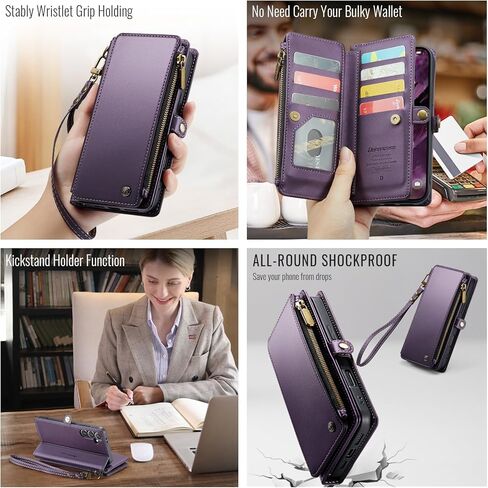 Defencase متوافق مع محفظة Samsung Galaxy S24 FE مع حامل بطاقات RFID للنساء والرجال، جراب هاتف من جلد البولي يوريثان المغناطيسي بسحاب قابل للطي لهاتف Galaxy S24 FE 5G 6.7 بوصة، أرجواني in Saudi Arabia