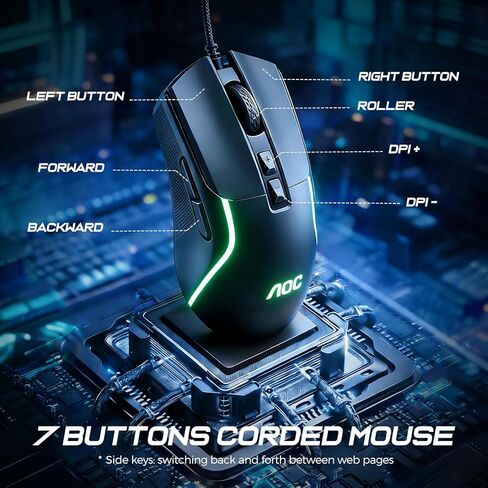 AOC Wired Gaming Mouse, 7200DPI RGB Ergonomic Computer Mouse with Optical Sensor Game Corded Mouse, 7 Programmable Buttons, USB Gaming Mice for Laptop, PC GM170 in Saudi Arabia