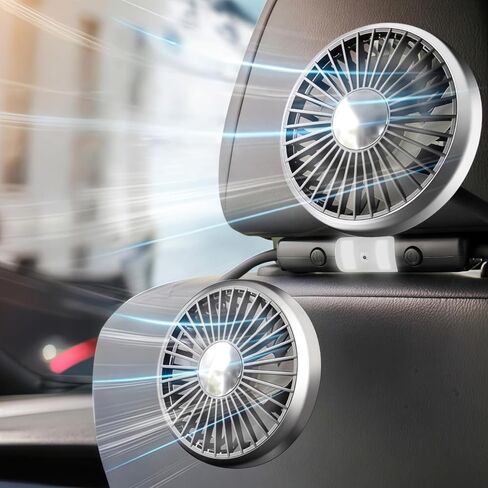مراوح السيارة للمقعد الخلفي، مروحة سيارة مزدوجة الرأس قابلة للدوران 360 درجة مع أضواء LED - تعمل بمنفذ USB للسيارة والمنزل والسفر in Kuwait