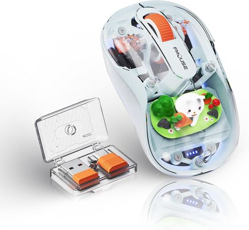 FMOUSE ماوس لاسلكي لطيف يعمل بالبلوتوث قابل لإعادة الشحن، 2.4 جيجا وماوس كمبيوتر صامت مزدوج BT مع ضوء RGB، 4 نقطة في البوصة قابلة للتعديل، تصميم تمثال شفاف أرجواني مع دمية قطة للكمبيوتر المحمول PC MacBook in Kuwait