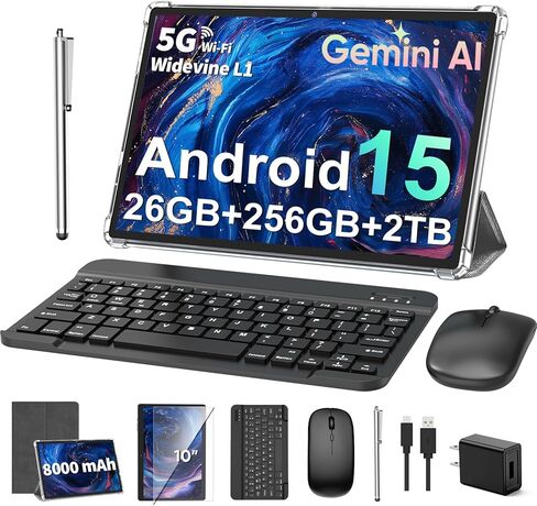 2026 تابلت 10 بوصة مع لوحة مفاتيح، جهاز لوحي Android 15 مع Gemini AI، 24 جيجابايت + 256 جيجابايت + 2 تيرابايت، أجهزة لوحية 2 في 1 مع 8 النواة، واي فاي، 8000 مللي أمبير، GMS، نظام تحديد المواقع العالمي، أجهزة لوحية إلكترونية مع ماوس، حافظة، قلم (أسود) in Saudi Arabia
