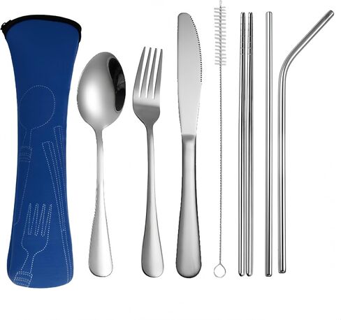 7pcs Travel Utensils with Case,Portable Silverware Set for Work, Stainless Steel Reusable Travel Cutlery Set, Fork and Spoon Set for Camping, Picnic, Gadgets, Lunch Box for Men, Black in Saudi Arabia