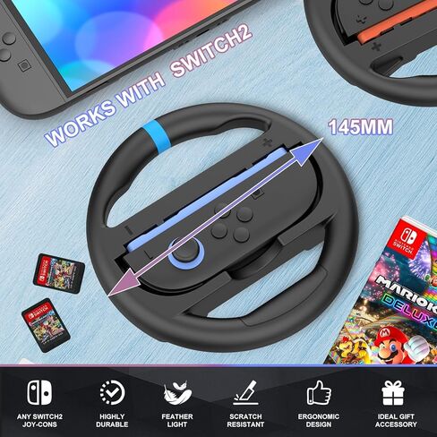 IEFROM 2-Pack Switch Steering Wheel, Black Joy-Con Grip for Mario Kart 8 Deluxe & Mario Kart 9, Plug-and-Play Racing Controller, Ideal Gift Accessory in Saudi Arabia