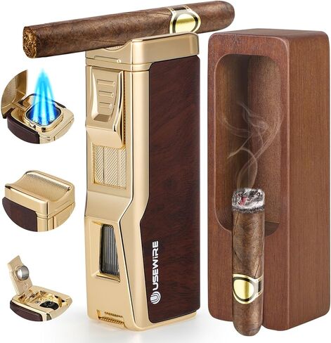 Cigar Lighter and Ashtray Set, Quad Windproof Jet Flame, with Cigar Holder and Cigar Punch, Refillable Butane Gas Lighter, Multifunctional Cigar Accessories Gift Set in Kuwait