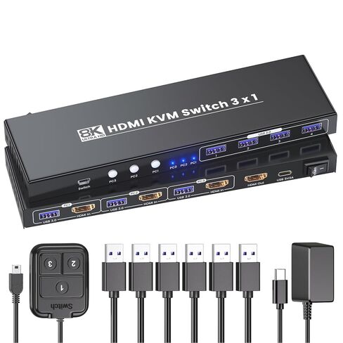 8K60 هرتز 4K120 هرتز KVM Switch 1 شاشة 3 أجهزة كمبيوتر، 3 منافذ HDMI KVM Switch لـ 3 أجهزة كمبيوتر مشاركة شاشة واحدة ولوحة مفاتيح وماوس، محور USB 3.0 مدمج بـ 4 منافذ مع طرق تبديل مزدوجة in Kuwait