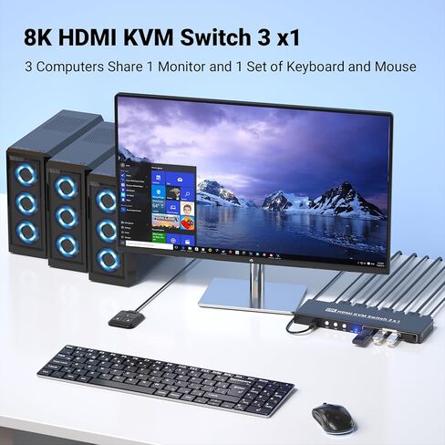 8K60 هرتز 4K120 هرتز KVM Switch 1 شاشة 3 أجهزة كمبيوتر، 3 منافذ HDMI KVM Switch لـ 3 أجهزة كمبيوتر مشاركة شاشة واحدة ولوحة مفاتيح وماوس، محور USB 3.0 مدمج بـ 4 منافذ مع طرق تبديل مزدوجة in Kuwait