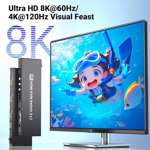 8K60 هرتز 4K120 هرتز KVM Switch 1 شاشة 3 أجهزة كمبيوتر، 3 منافذ HDMI KVM Switch لـ 3 أجهزة كمبيوتر مشاركة شاشة واحدة ولوحة مفاتيح وماوس، محور USB 3.0 مدمج بـ 4 منافذ مع طرق تبديل مزدوجة in Kuwait