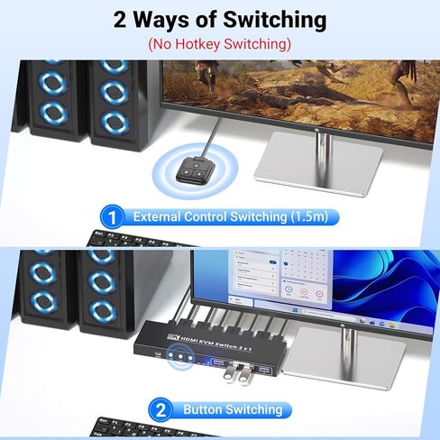 8K60 هرتز 4K120 هرتز KVM Switch 1 شاشة 3 أجهزة كمبيوتر، 3 منافذ HDMI KVM Switch لـ 3 أجهزة كمبيوتر مشاركة شاشة واحدة ولوحة مفاتيح وماوس، محور USB 3.0 مدمج بـ 4 منافذ مع طرق تبديل مزدوجة in Kuwait