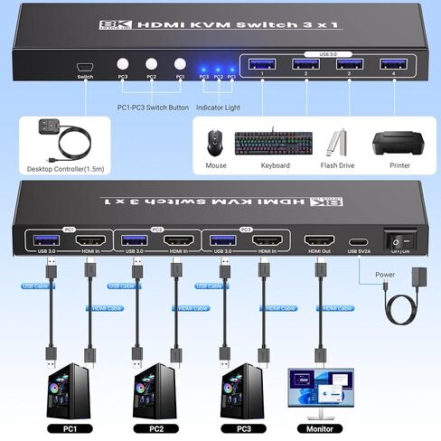 8K60 هرتز 4K120 هرتز KVM Switch 1 شاشة 3 أجهزة كمبيوتر، 3 منافذ HDMI KVM Switch لـ 3 أجهزة كمبيوتر مشاركة شاشة واحدة ولوحة مفاتيح وماوس، محور USB 3.0 مدمج بـ 4 منافذ مع طرق تبديل مزدوجة in Kuwait