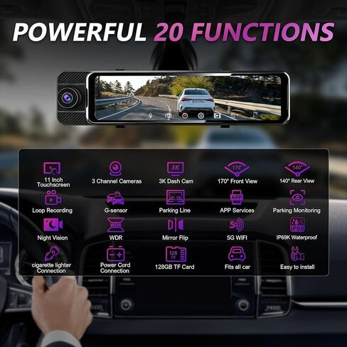 3 Channel Mirror Dash Cam with Front 3K, Cabin & Rear 1080P, 11" Rear View Mirror Camera with WiFi/Night Vision/G-Sensor/Parking Monitor/Reverse Assist /128GB, Backup Camera for Cars/Trucks in Saudi Arabia