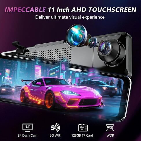 3 Channel Mirror Dash Cam with Front 3K, Cabin & Rear 1080P, 11" Rear View Mirror Camera with WiFi/Night Vision/G-Sensor/Parking Monitor/Reverse Assist /128GB, Backup Camera for Cars/Trucks in Saudi Arabia