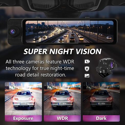 3 Channel Mirror Dash Cam with Front 3K, Cabin & Rear 1080P, 11" Rear View Mirror Camera with WiFi/Night Vision/G-Sensor/Parking Monitor/Reverse Assist /128GB, Backup Camera for Cars/Trucks in Saudi Arabia