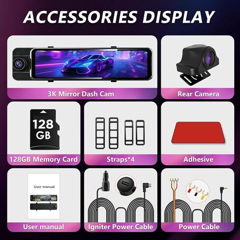 3 Channel Mirror Dash Cam with Front 3K, Cabin & Rear 1080P, 11" Rear View Mirror Camera with WiFi/Night Vision/G-Sensor/Parking Monitor/Reverse Assist /128GB, Backup Camera for Cars/Trucks in Saudi Arabia