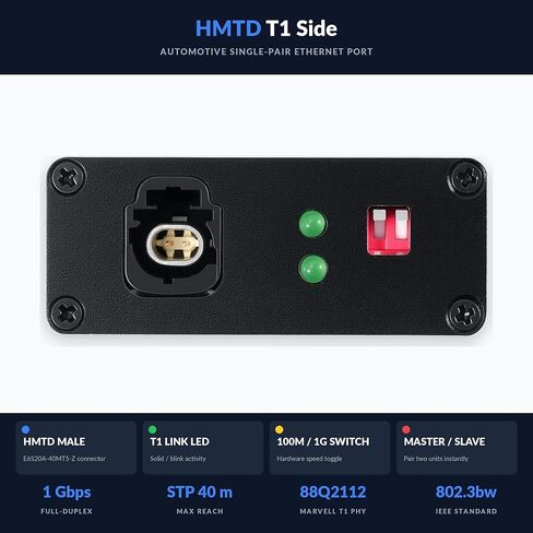 100/1000Base-T1-TX-HMTD Automotive Ethernet Media Converter - 100/1000BASE-T1 to TX Adapter, Marvell 88Q2112 & Realtek RTL8211FI Phy, HMTD Connector, Industrial Grade Type-C/DC Power in Saudi Arabia