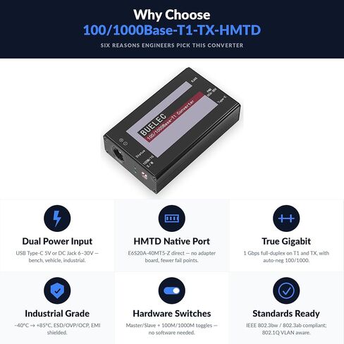 100/1000Base-T1-TX-HMTD Automotive Ethernet Media Converter - 100/1000BASE-T1 to TX Adapter, Marvell 88Q2112 & Realtek RTL8211FI Phy, HMTD Connector, Industrial Grade Type-C/DC Power in Saudi Arabia