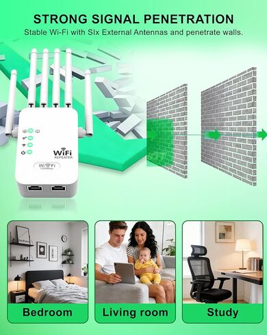 معزز إشارة موسع شبكة WiFi 2026 مع 6 هوائيات، ومنفذي إيثرنت، وسرعة 1200 ميجا بت في الثانية، واختراق الجدار، وإعداد سهل لأكثر من 35 جهازًا، ومعزز شبكة WiFi طويل المدى، وتغطية كاملة بزاوية 360 درجة in Kuwait